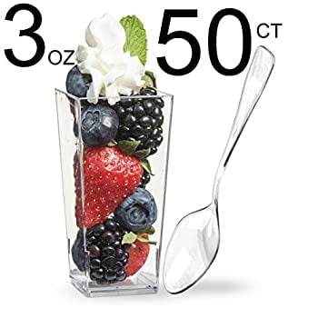 400 Ct Zappy Square 6.8 oz Soup Cup Parfait Dessert Cups Dishes Shot Glasses Trifle Bowl Clear Disposable Plastic Souffle Mousse Cups Ice Cream Fruit Party Appetizer Cube Bowls 400 Dessert Glassess